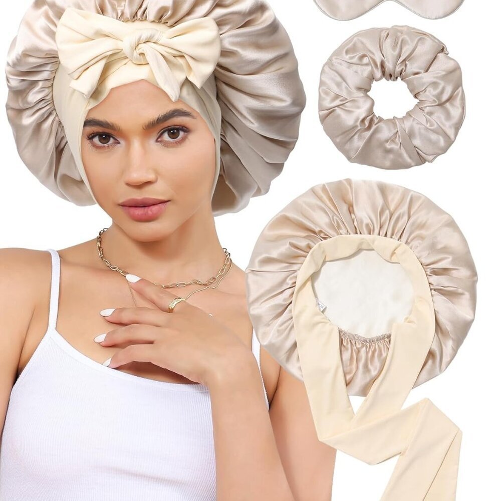 Silk Sleep Bonnet Set with Eye Mask and Scrunchies for Women